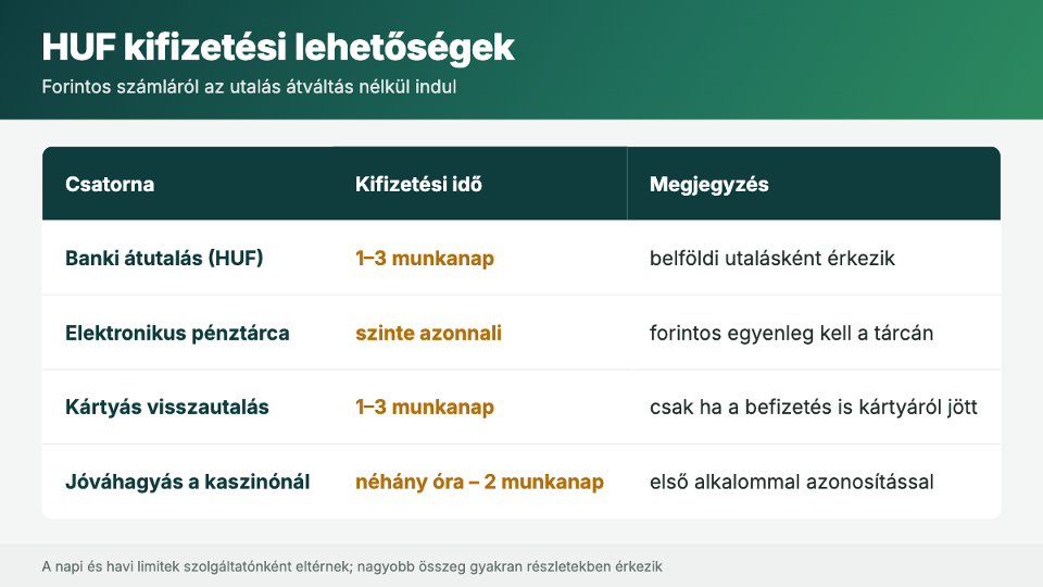 HUF kifizetési lehetőségek és kifizetési idők online kaszinóban