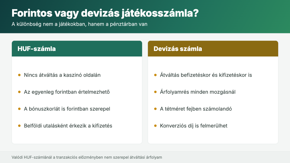 Forintos és devizás játékosszámla összehasonlítása online kaszinóban